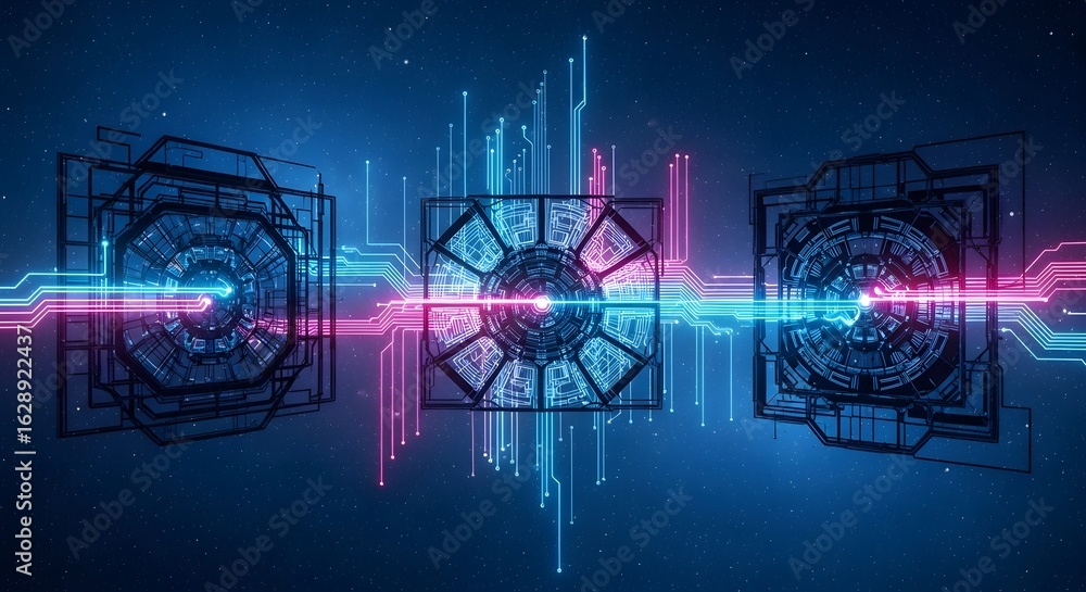 Poster abstract geometric composition featuring three interconnected cubes with intricate internal patterns