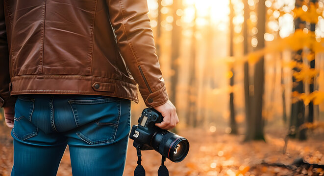 Photographer autumn forest photography camera nature landscape travel adventure scenic outdoors light 100mm