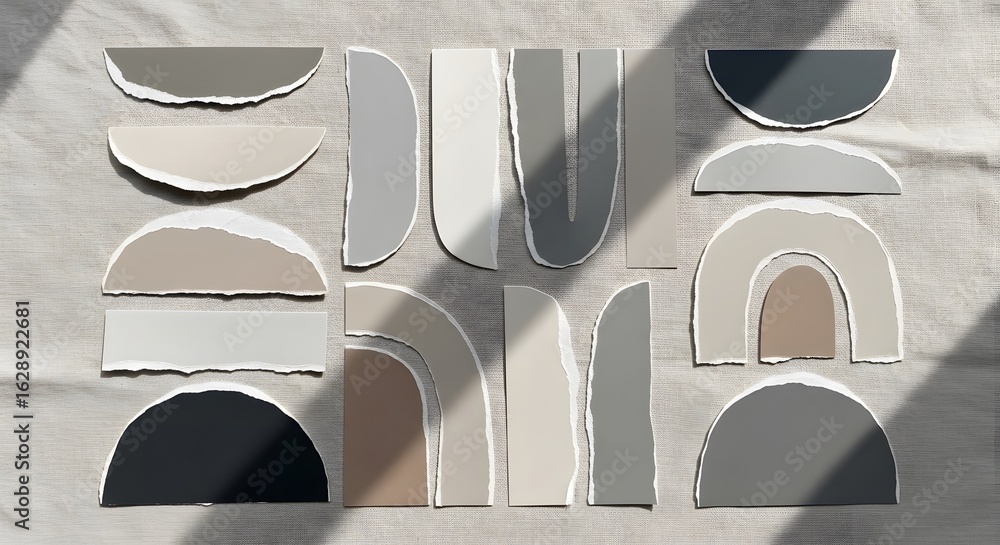Aufkleber top down view of assorted geometric shapes in neutral hues arrayed on textured gray backdrop, shadow