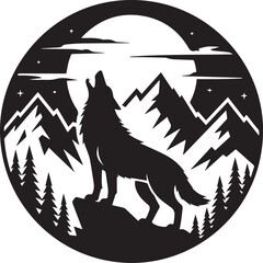 hand drawn style wolf howling at moon vector with forest mountains rock and dramatic clouds © AIcon Star