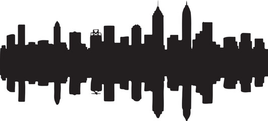 Obraz premium Black silhouette of a city skyline with a small airplane flying below black and white urban