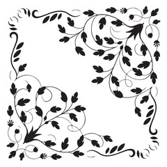 black floral vector corner border frame with intricate symmetrical vine leaves buds ornamental decoration illustration