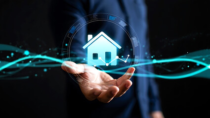 Real estate market analysis presented on human hand with modern futuristic technology interface highlighting growth and investment opportunities in property sector