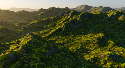 Rolling emerald hills detailed with glowing neural pathways in a verdant landscape