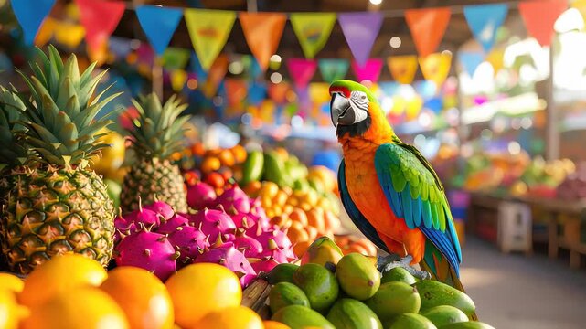 Colorful Parrot Sitting among Tropical Fruits in Vibrant Market