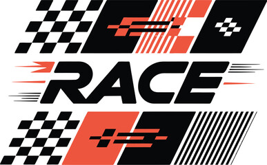 Racing sport emblem design with speed motion effects and checkered flag patterns. Vector illustration for motorsport competition.