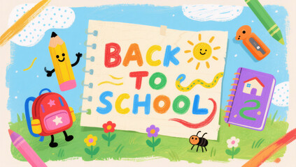 Naklejka premium A colorful illustration of a back to school scene with school supplies and a blank paper with the words back toschool written on it 