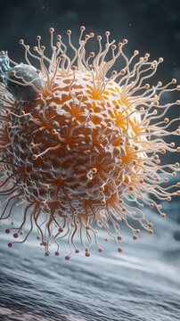 Vertical video virus particle being manipulated by microscopic tools. Suggesting themes of scientific research, genetic engineering, virology, or vaccine development. 