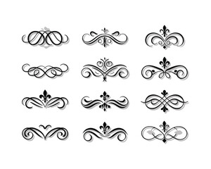 A set of twelve elegant black decorative dividers and vintage flourishes arranged on a white background. Classic calligraphic swirl ornaments.