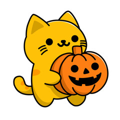 Cartoon illustration of a cat carrying a hallowen pumpkin, use it as an icon, sticker or logo.