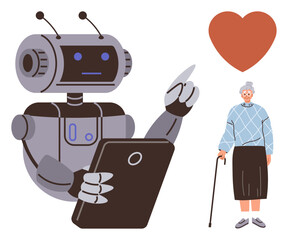 Fototapeta na wymiar Robot holding a tablet in conversation with elderly woman using a cane, and a heart above. Ideal for care, technology, assistance, connection, innovation, health aging support. Simple flat metaphor