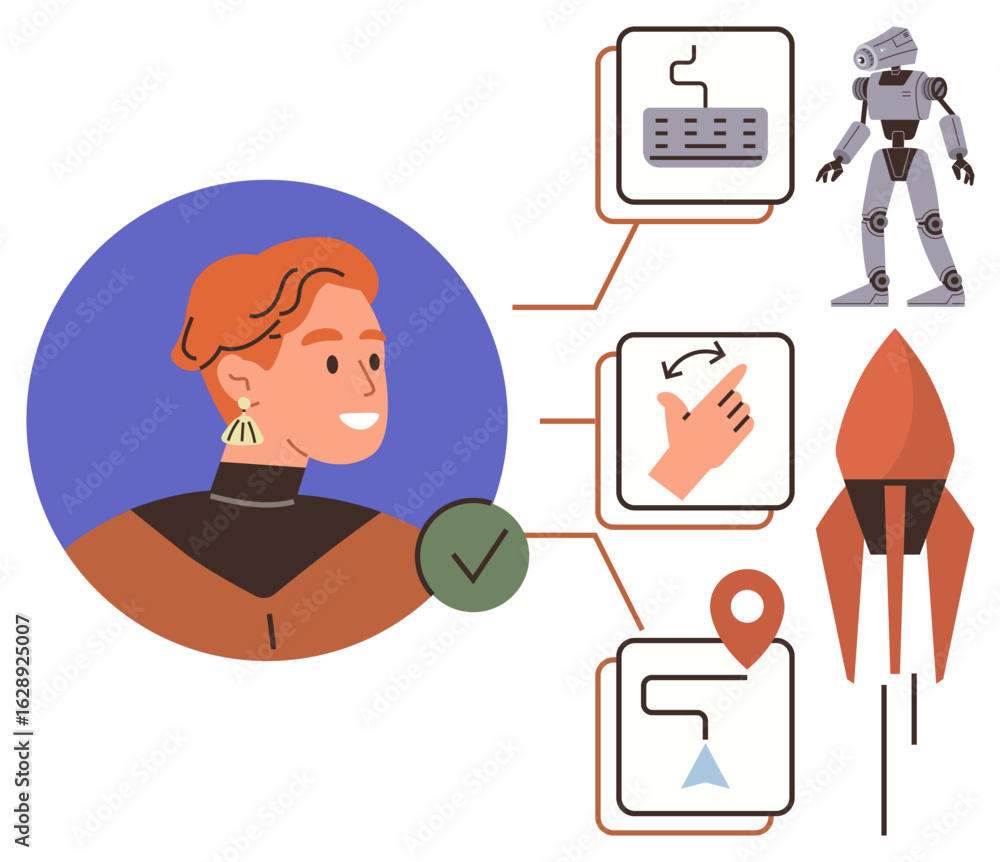 Poster smiling person alongside interconnected elements a keyboard, robot, map, and rocket. ideal for innov