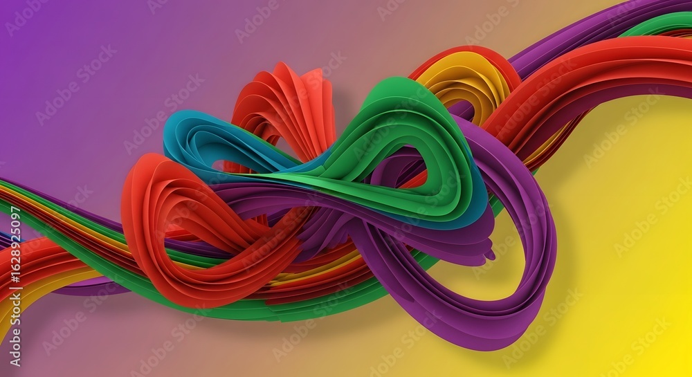Poster abstract colorful pixelated ribbons swirl across a vibrant gradient background from purple to yellow
