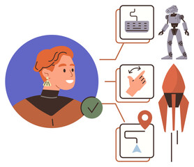 Smiling person alongside interconnected elements a keyboard, robot, map, and rocket. Ideal for innovation, technology, robotics, navigation exploration education futuristic design. Simple flat