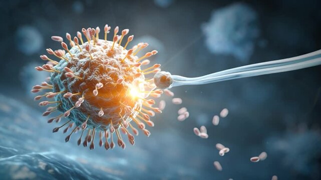 virus particle being manipulated by microscopic tools. Suggesting themes of scientific research, genetic engineering, virology, or vaccine development.