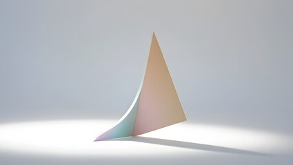 A stunning artistic portrait photography piece featuring a delicate, flat pastel triangle with a slim, curved slice offset beside it, both suspended in a vast, pure white clean background