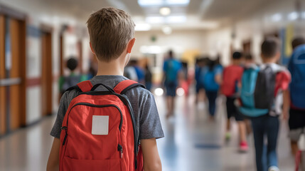 A boy with a red backpack walking down a school hallway with other students in the background blur