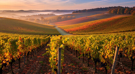 Golden autumn vineyard landscape with rolling hills and morning mist at sunrise