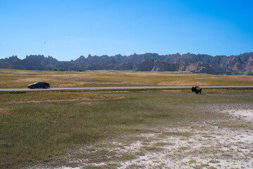Panoramic view of rugged terrain and erosion in Badlands National Park, South Dakota