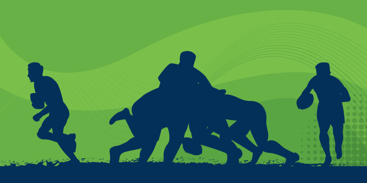 Silhouettes of Rugby Players in Action on Green Abstract Background