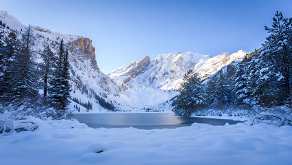 Serene winter landscape with snow covered mountains and frozen lake offering a sense of tranquility and majestic beauty
