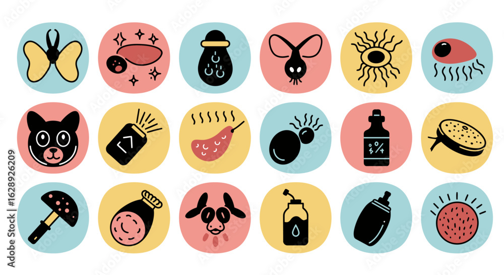 Poster minimalist flat icons set of allergy and food intolerance symbols in a clean vector style, simple ou