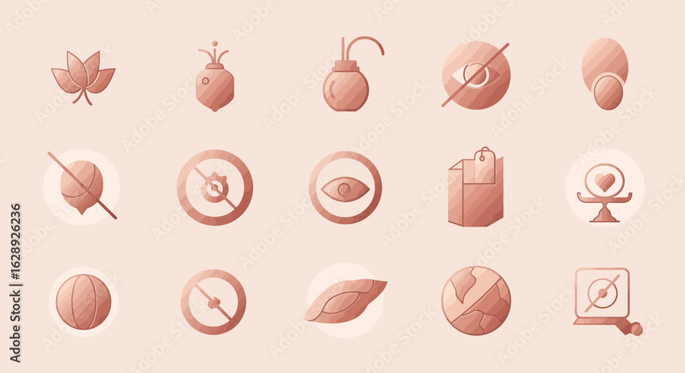 Poster set of soft 3d gradient icons in warm clay-pink tones, with rounded edges and smooth shadows, repres