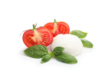 Tasty mozzarella cheese ball, tomato and basil isolated on white