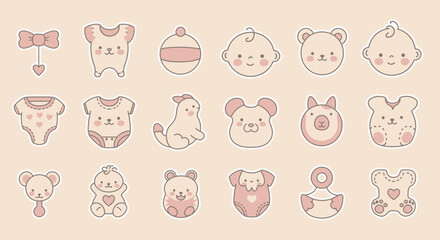 Obraz premium Minimalist baby-themed monoline icon set, smooth rounded outlines, clean scalable vector style, playful yet elegant design, uniform stroke width, soft organic curves with balanced proportions, simple 