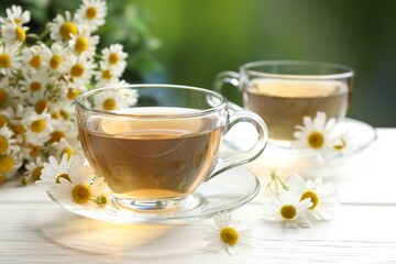 Aromatic tea in glass cups and chamomile flowers on white wooden table, closeup