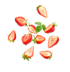Fresh juicy strawberries in air against white background