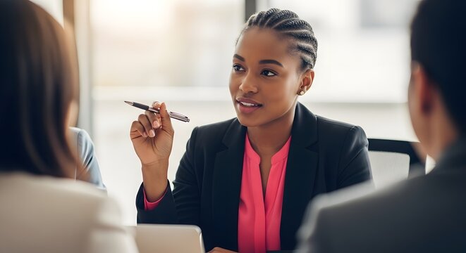 Focused young african american woman in a pink shirt and black blazer leads business discussion in a bright office, pen in hand, engaging with diverse colleagues.