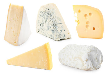 Different kinds of cheese isolated on white, set