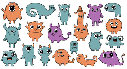 A diverse collection of cute cartoon monsters. Set of funny, colorful creature characters designed for kids. Hand-drawn doodle alien illustrations.