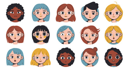 Fototapeta premium Diverse set of women's faces. Collection of female cartoon character portraits for user profiles or avatars. Vector illustration of multicultural girls.