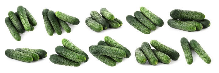 Fresh ripe cucumbers isolated on white, set