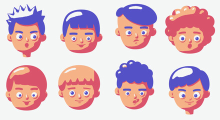 Diverse Cartoon Faces Expressive Emotions and Unique Hairstyles in Vector Art