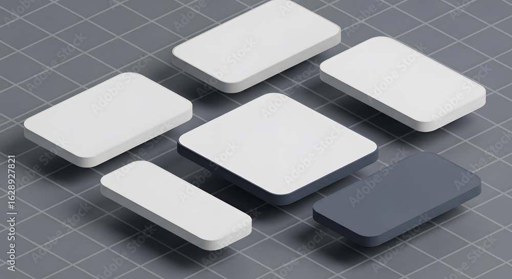 Poster isometric arrangement of six rectangular blocks in light and dark colors set against a gray grid bac