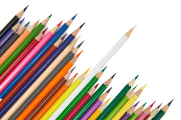 Collection of Colored Pencils Arranged in a Dynamic Way on a White Background Showing Creativity and Artistic Potential