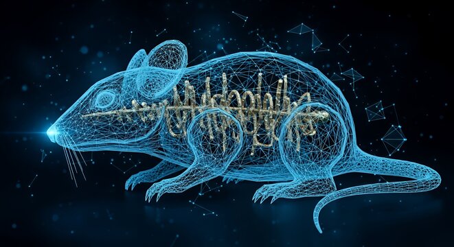 Digital Wireframe Mouse with Blockchain Elements in Futuristic Blue Style