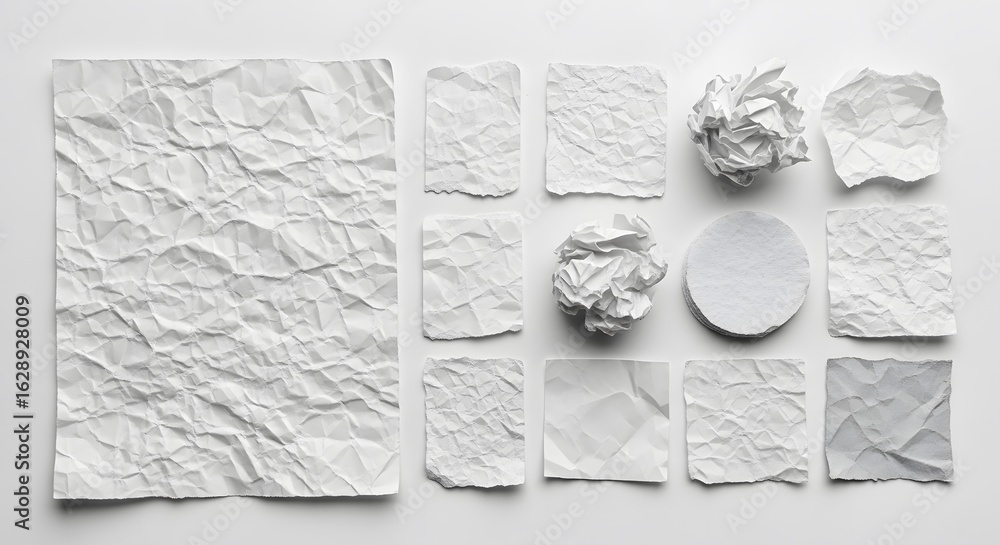 Poster arrangement of crumpled and flat white paper squares and circles against a plain white background, c