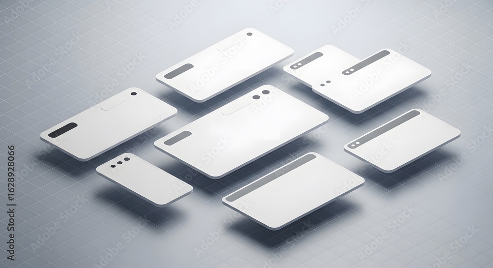 Poster a minimalist composition featuring multiple white rectangles arranged on a textured white and gray b