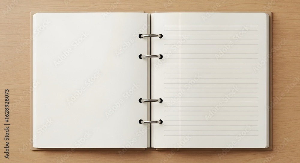 Poster a close-up of an open blank notebook on a wooden surface, presenting a clean, neutral background wit