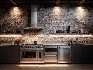 Stunning modern kitchen featuring stainless steel appliances against a rustic exposed brick wall with warm ambient lighting creating an inviting atmosphere