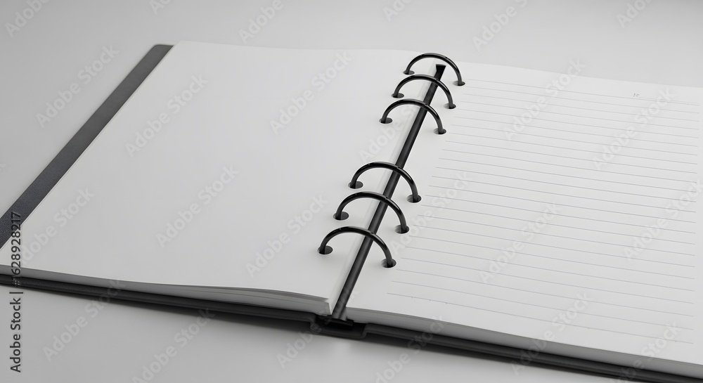 Poster open spiral notebook laying on a white surface, featuring blank dotted pages attached with metal rin