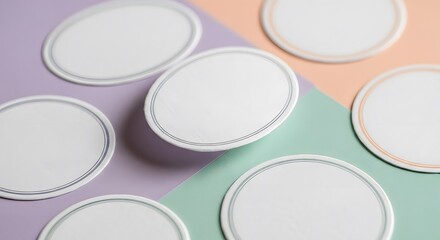 Overhead shot features oval paper tags with thin colored borders in shades of grey, blue, orange, and light purple against a geometric pink, green, and purple background.
