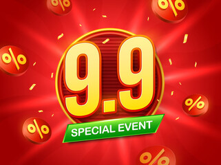 9.9 sale banner template with September 9 number, discount percentage icon flying around, isolated on red background. Flash sale discount event banner in 3d vector. Vector illustration
