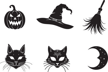 Spooky Halloween icons pumpkin witch hat broom black cats moon festive