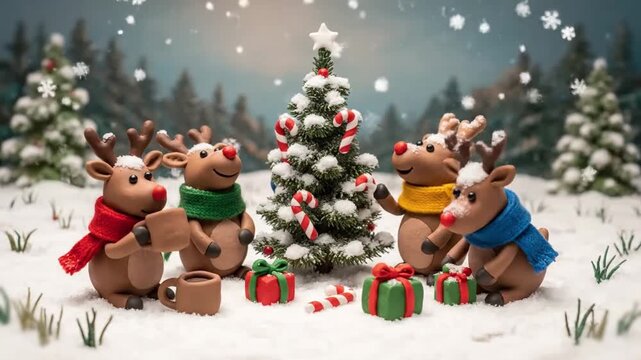 Claymation reindeer characters enjoying a cocoa picnic in snowy meadow with candy canes and wool scarves