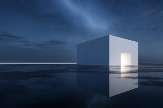 Architectural abstraction of a structure mirroring in water under a starry night sky, presenting an aura of mystery and dreamlike surrealism.